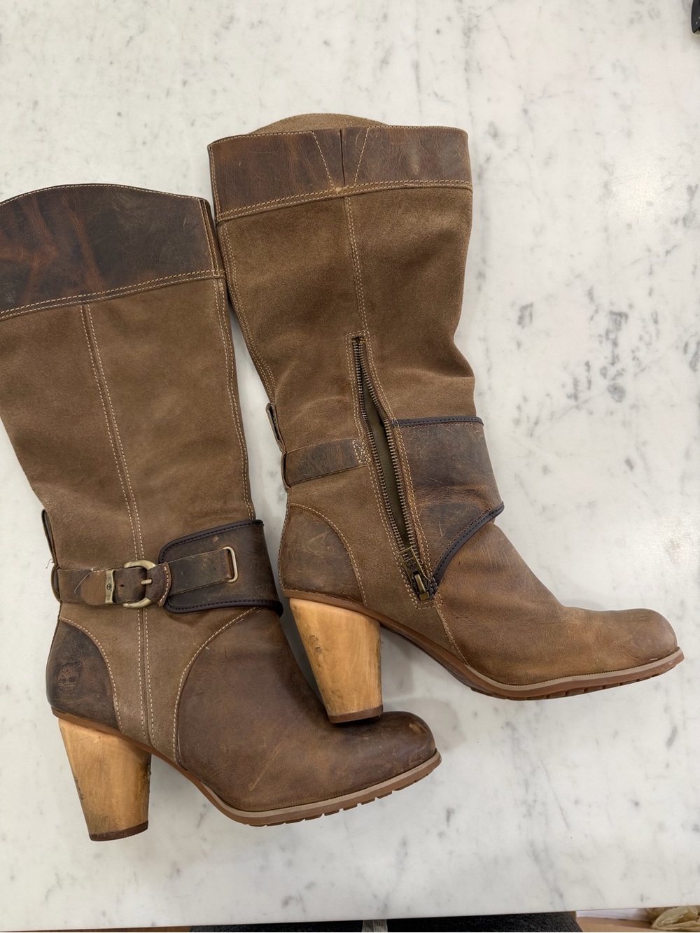 Timberland Brown Leather Mid-Calf Buckle Heel Boots